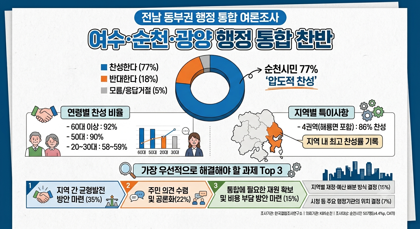 여수·순천·광양 행정 통합 민심 확인… 순천시민 77% '압도적 찬성'